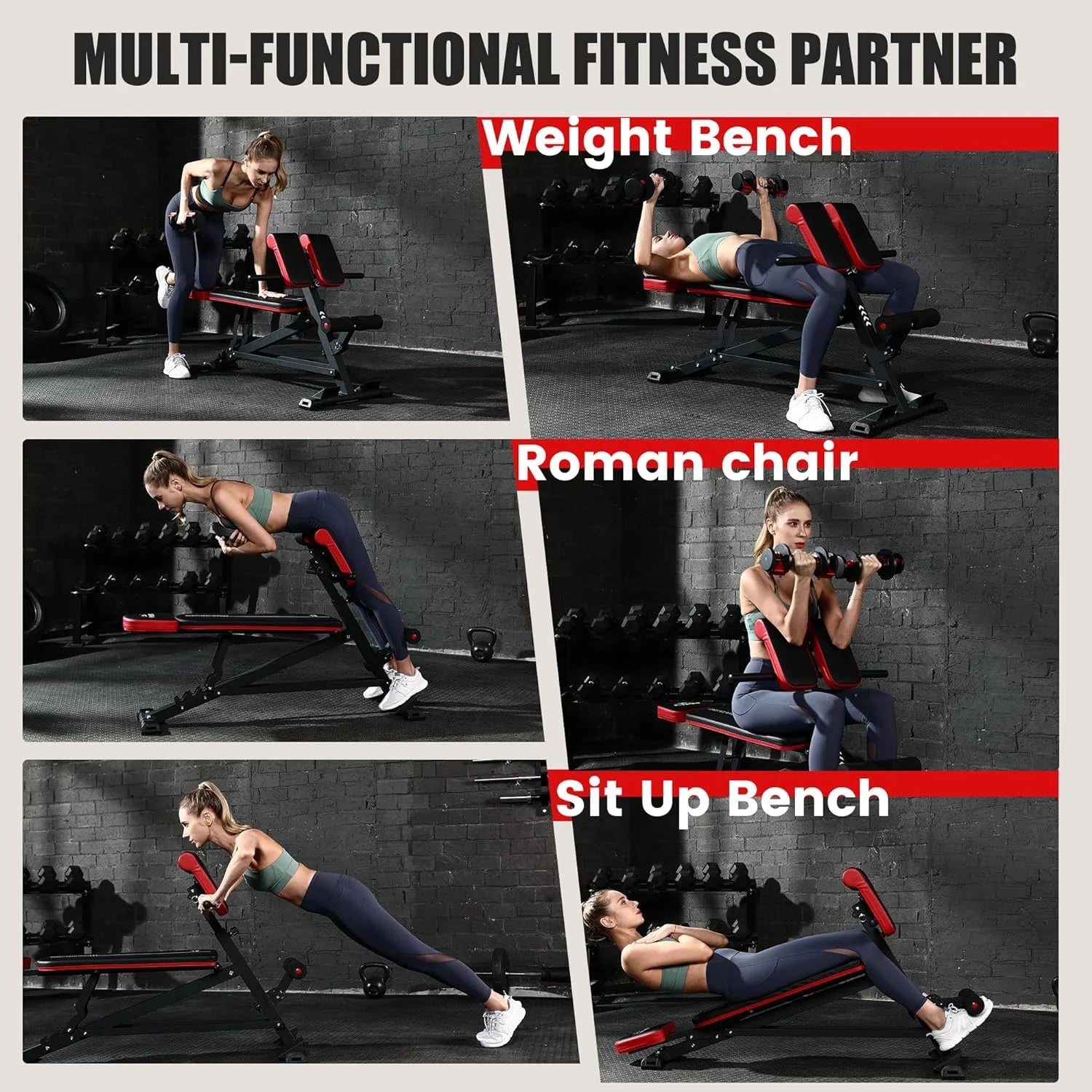 3 in 1 Workout Bench, Roman Chair, Weight Bench and Sit up Bench for Hyper Back Extension and Full Body Workout with Handle, Abdomen Core and Comprehensive Glute Training Home Gym Equipment